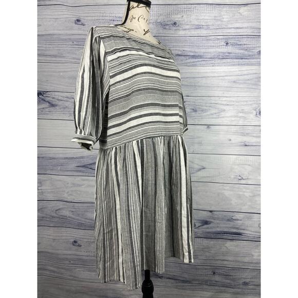 Petal Roz Stripe Dress Womens Size L Black White Elbow Praire Peasant Flare - Picture 1 of 12